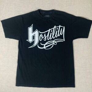 Hostility Graphic T-Shirt Mens Medium Black Excellent Script Logo‎ Streetwear